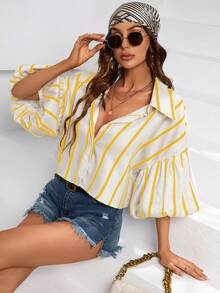 SHEIN Privé Striped Print Lantern Sleeve Shirt - Yellow - View 1