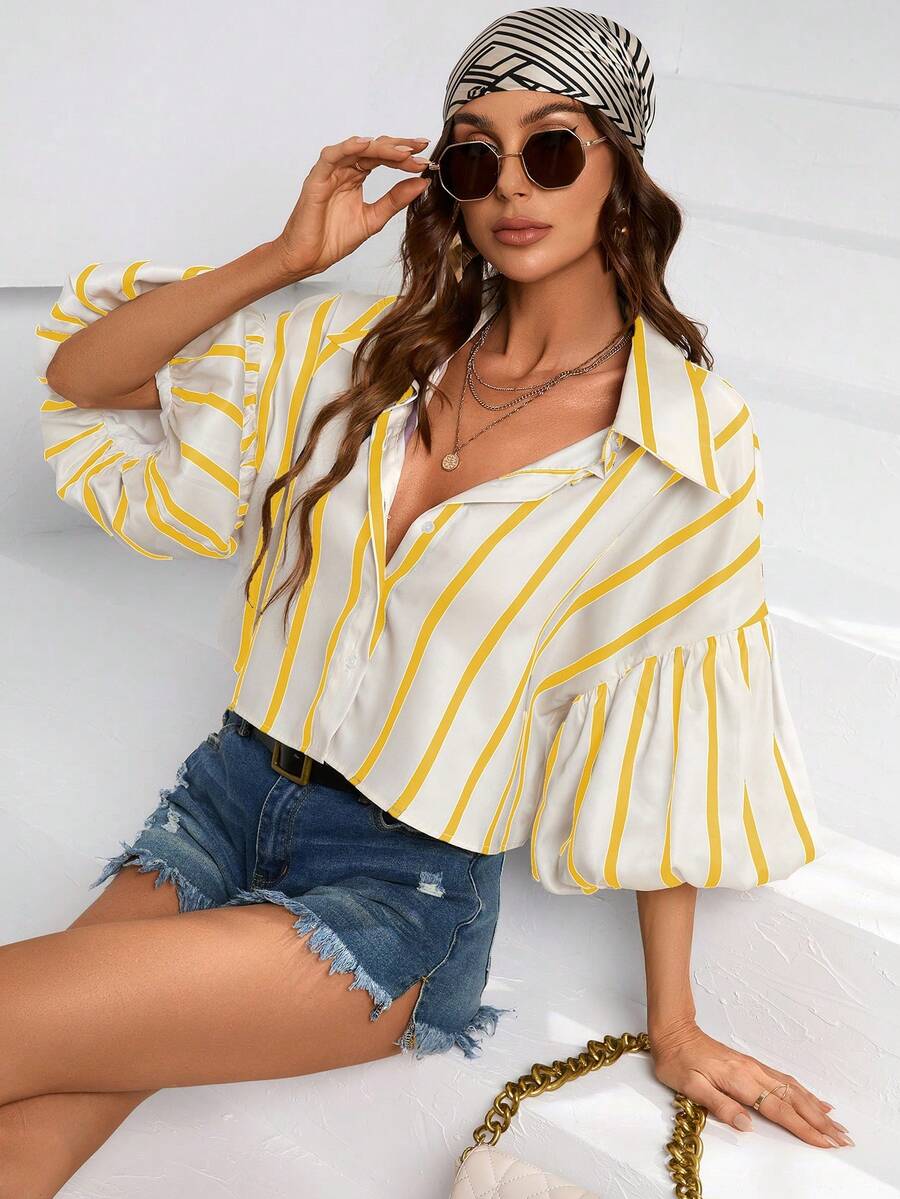 SHEIN Privé Striped Print Lantern Sleeve Shirt - Yellow - View 1