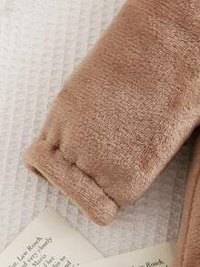 SHEIN 男婴休闲舒适连帽条纹可爱小熊刺绣双面法兰绒连体衣，适合日常休闲穿着，秋冬季 - 棕色 - 查看 4