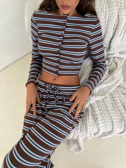 Aloruh Women's Striped Crew Neck Long Sleeve Single-Breasted Cropped T-Shirt And Pants Casual 2-Piece Set
