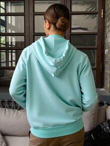 Sudadera Mujer Casual Moderno Tela Suave Color Sólido Bordado Holgado Capucha Manga Larga Otoño Invierno Diario Sudadera - Celeste - Ver 2