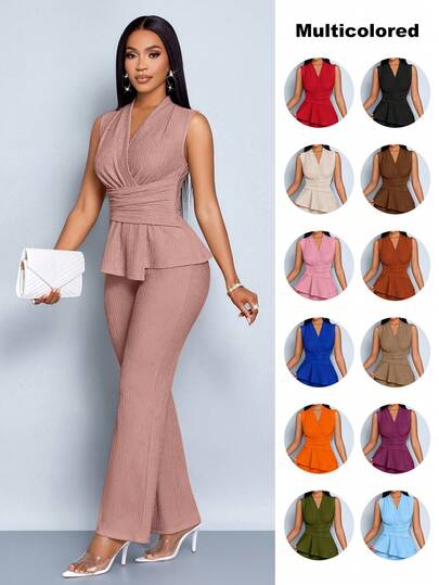 SOLERSUN Conjunto de dos piezas de camiseta de manga larga con cuello en V elegante y pantalones de pierna ancha de color albaricoque para mujer, con dobladillo asimétrico, para uso diario y casual en primavera y verano