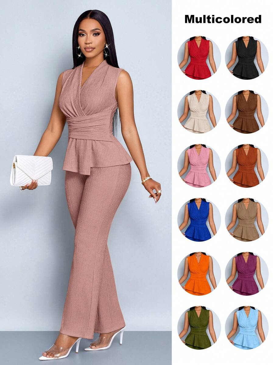 SOLERSUN 女款杏色优雅V领长袖T恤阔腿裤两件套不对称下摆两件套日常休闲女装春夏无袖短袖 - 淺粉色 - 查看 1