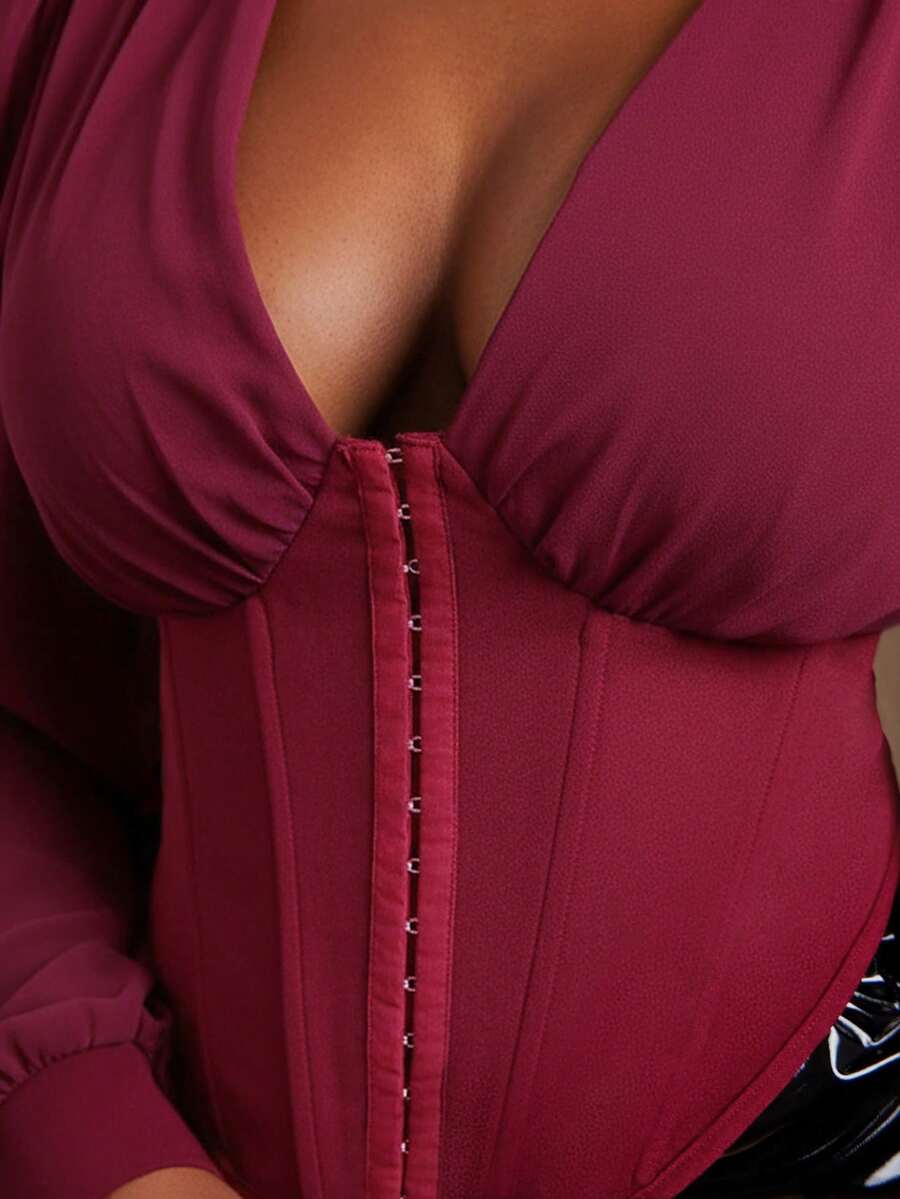 Radiana Plus Size Women's Chiffon Shoulder Ruched Waist Fishbone Black Shirt, Autumn/Winter New Arrival/Valentine's Day - Red - View 1