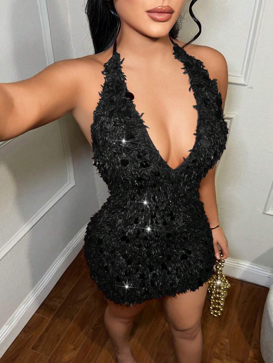 SHEIN SXY 女士黑色亮片露背派对连衣裙 - 黑色 - 查看 1