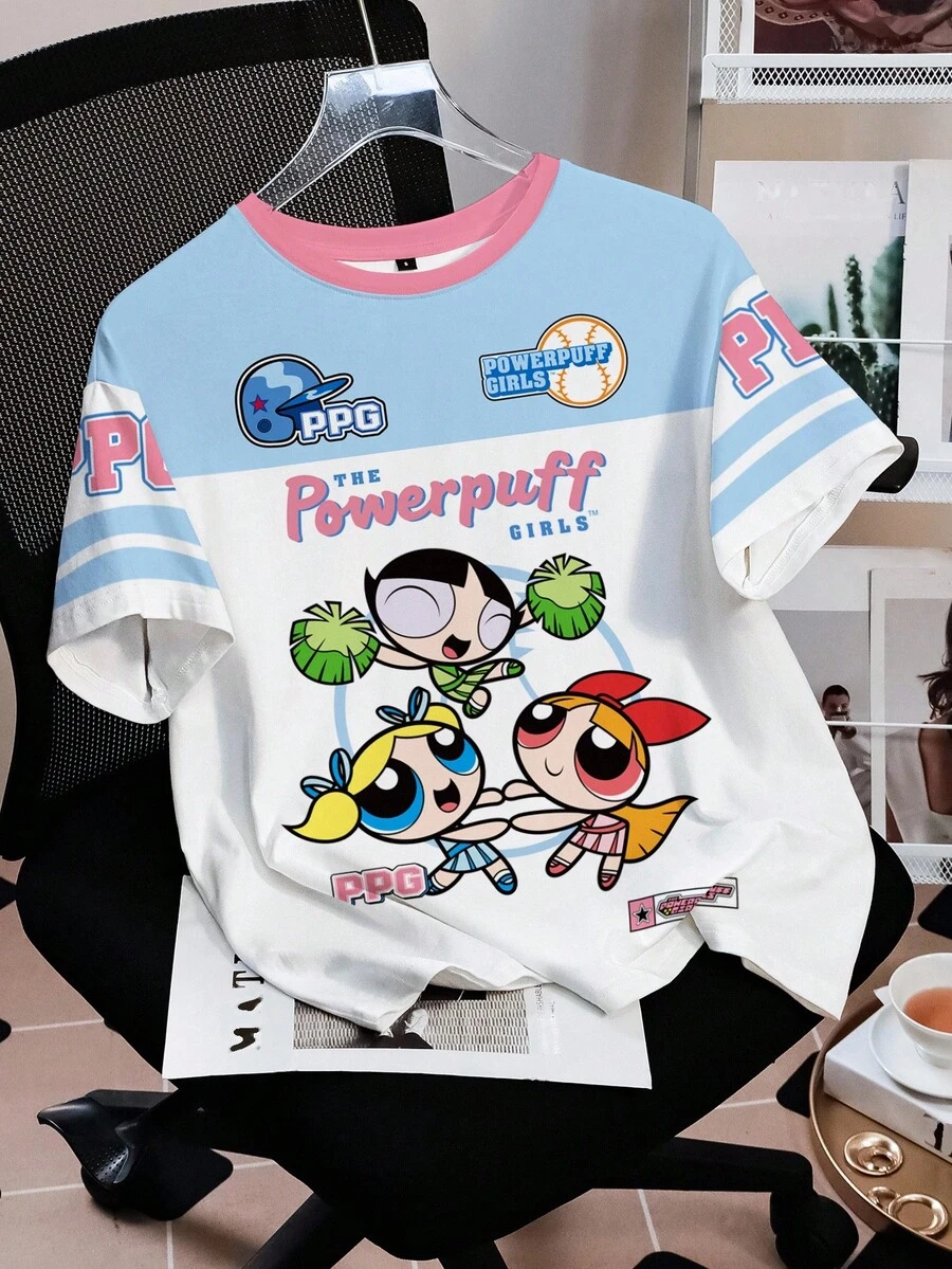 THE POWERPUFF GIRLS X SHEIN Áo thun nữ cổ tròn tay ngắn họa tiết hoa, bong bóng, hoa mao lương, thường ngày, mùa hè - trắng - Xem 1