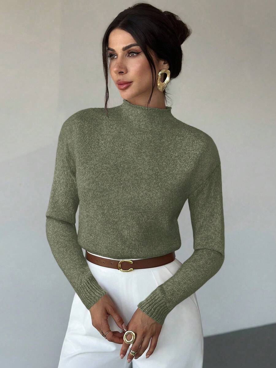 Firerie Áo len nữ thanh lịch, thoải mái, cổ cao, tay dài, nhiều màu sắc, dáng rộng, đa năng, thích hợp mặc đi làm, mùa thu, đông, kiểu áo dễ phối đồ, phù hợp cho giáo viên. - Màu xanh Ô liu - Xem 1