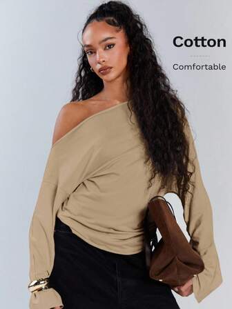 Athîral 女士休闲纯色不对称领抽绳上衣，秋季