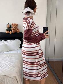 Dream Adore Chemise de nuit ample à manches longues avec encolure en V, rayures décontractées, épaules tombantes pour femmes. Robe de nuit d'hiver, Moo Moo