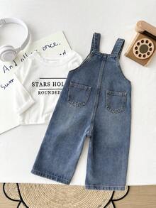 SHEIN 幼儿男童复古蓝色牛仔宽松背带裤 - 中等水洗藍 - 查看 2