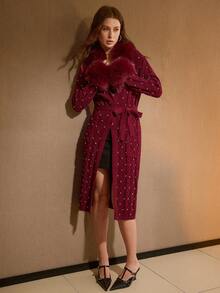 MOTF PREMIUM ÁO KHOÁC CỔ LÔNG DỆT KIM CƯỜNG CÓ THẮT LƯNG ĐÁ NHÂN DÀNH CHO NỮ, MÙA THU/ĐÔNG - Màu Đỏ Sâu - Xem 7