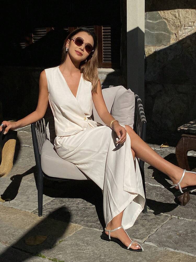 Women's V-Neck Sleeveless Cardigan And Long Skirt 2-Piece Set, Casual & Elegant