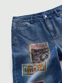 ROMWE MEN Street Life Men's Straight Leg Figure Print Distressed Wide Leg Jeans - Blue - View 3