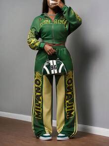 Slaydiva 2025 Höst- och vinternytt Street Casual Loose Fit Grön Mönstertryck Beskuren Långärmad Kofta Sweatshirt + Hög Midja Vida Byxor Dam Tvådelat Set, Lämpligt För Dagliga Utflykter, Vännersammankomster, Halloween, Fest Streetmode, Brunchkläder, Höst- och Vinter Varmt Set, Jul - Grön - Visa 6
