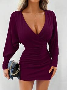 EURMUSE Vestido mini ajustado de unicolor con escote en V profundo y sexy - Burdeos - Ver 4