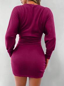 EURMUSE 女士优雅性感简约纯色深V领蝙蝠袖褶裥修身针织连衣裙，春秋季 - 粉色 - 查看 2