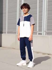 SHEIN Vacaura Boys Colourblock Tee & Joggers - Navy Blue - View 1