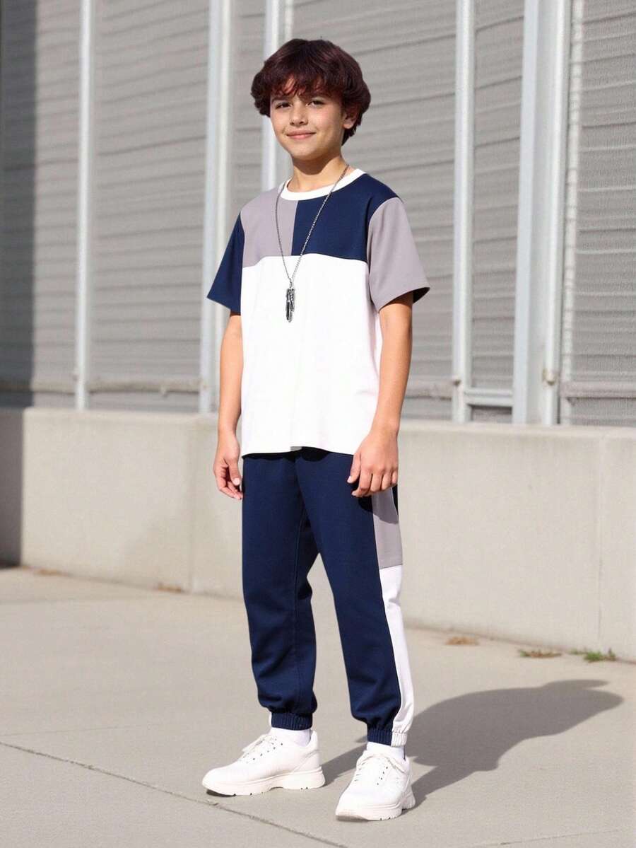 SHEIN Vacaura Boys Colourblock Tee & Joggers - Navy Blue - View 1