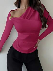 Firerie Áo thun nữ màu trắng dáng ôm, tay dài, vai bất đối xứng, eo nhún, đính kim loại, kiểu dáng thanh lịch mới, phù hợp cho mùa thu, mùa tựu trường, đi sân bay, đi chơi. - Màu đỏ tím - Xem 5