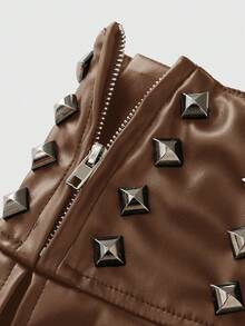 ROMWE Avant 音乐节PU朋克铆钉装饰超低腰褶皱女裙 - 棕色 - 查看 3