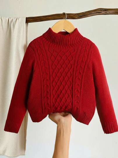 SHEIN LMoss Kids Young Girl Solid Color Stand Collar Fitted Casual Sweater