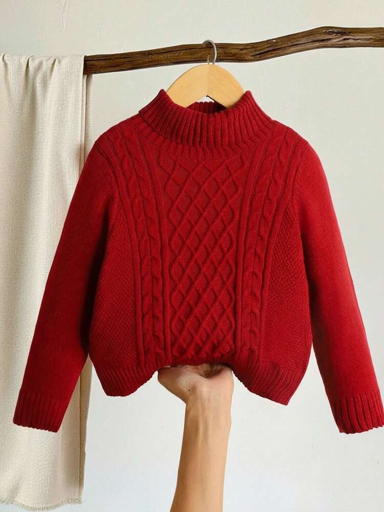 SHEIN LMoss Kids 年轻女孩纯色立领修身休闲毛衣 - 酒紅色 - 查看 1