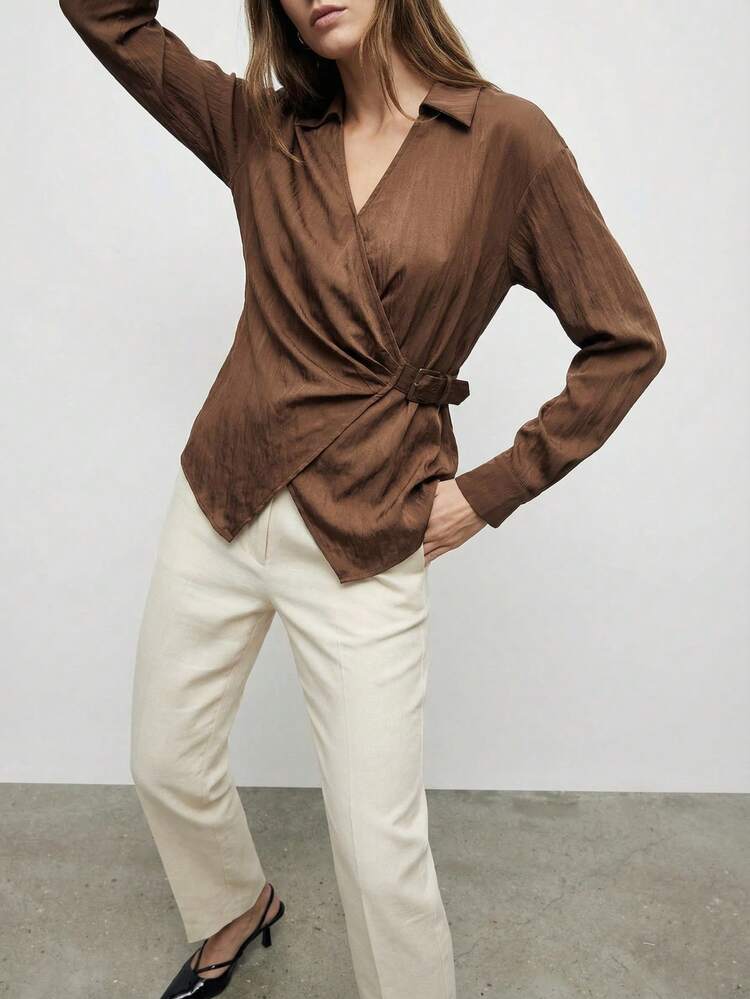 SHEIN Maija Women's Solid Color Wrap Blouse, Suitable For Commuting Brown Blouse Brown Tops Chocolate Brown Top Coffee Brown Top Earthy Tops Brown Shirt Women