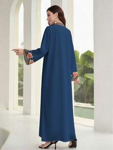 SHEIN Najma 女士花卉仿刺绣数码印花V领流苏设计优雅阿拉伯风长连衣裙，春秋季长袖 - 彩色 - 查看 2