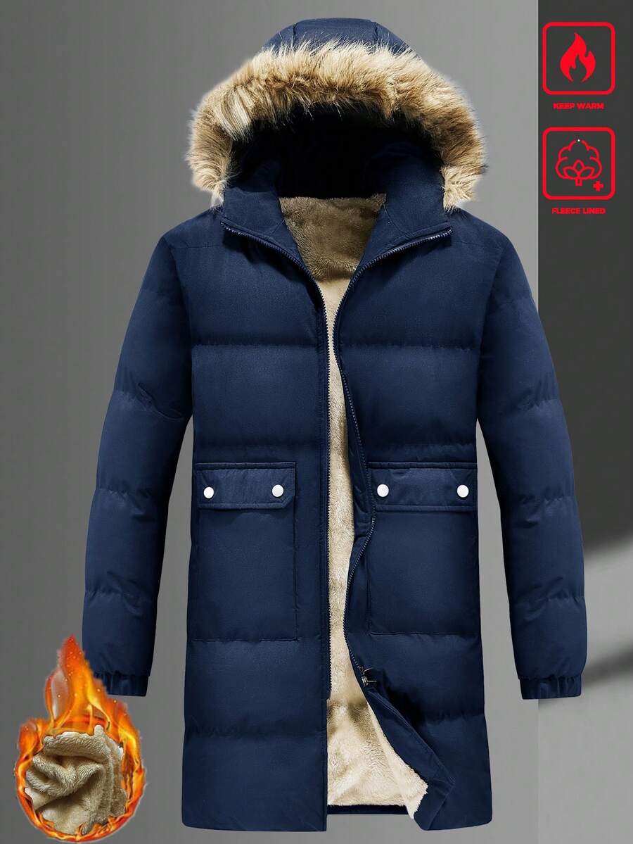 Manfinity Homme 男士中长款连帽开衫羽绒服,带毛领,保暖内衬,秋冬季男士外套,男士带毛领派克大衣,保暖内衬男士夹克,男士冬季外套,适合男士日常休闲、周末旅行、户外活动、探险旅行、轻松的工作环境或半正式场合,也是送给男友/丈夫、周年纪念日/生日、派对、圣诞节和新年礼物的理想之选。 - 藍色 - 查看 1