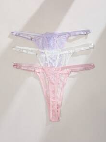 3pcs/Set Elegant Sexy Solid Color Lace Thong Panties - Multicolor - View 2