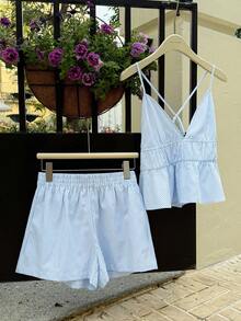 Women's Casual Blue Knitted Camisole And Shorts Set, Brand - 淺藍色 - 查看 6