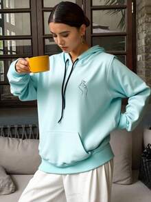 Sudadera Mujer Casual Moderno Tela Suave Color Sólido Bordado Holgado Capucha Manga Larga Otoño Invierno Diario Sudadera - Celeste - Ver 1