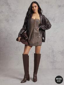 SHUZIA 优雅女士宽筒过膝粗跟靴，舒适秋冬假日鞋履 - 咖啡棕 - 查看 3