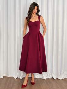 SHEIN Tall Váy dạ hội thanh lịch cổ điển dành cho nữ có túi, váy dự tiệc trà thường ngày, lễ hội, tiệc tùng, kỳ nghỉ hè, váy dạ hội, váy dự tiệc sinh nhật, khách dự tiệc cưới - Đỏ - Xem 7