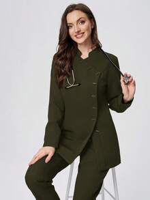 Scrubzie 两件套防皱翻领长袖女式工作服套装（上衣和裤子） - 軍綠色 - 查看 6