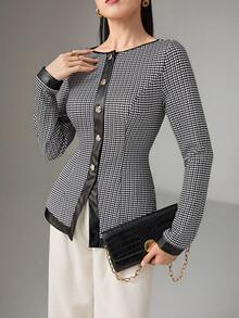 Heiryn Camisa elegante de mujer de cuello redondo, manga larga y abotonadura sencilla con estampado de pata de gallo - Blanco y Negro - Ver 1