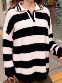 DAZY Áo len dài tay thường ngày họa tiết sọc phong cách Hàn Quốc dành cho nữ, Thu/Đông - Hồng - Xem 6