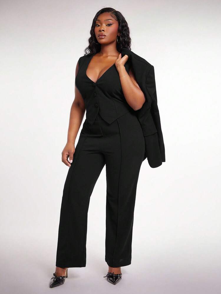 SHEIN SXY Conjunto de 3 piezas para mujer talla grande: blazer de manga larga, camiseta sin mangas y pantalones, conjunto sexy para ir al trabajo y citas, ropa de otoño e invierno color azul profundo para mujeres - Negro - Añade 6