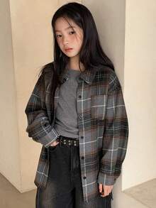 Dazy Kids Tween Girls Plaid Woven Shirt - Grey - View 1