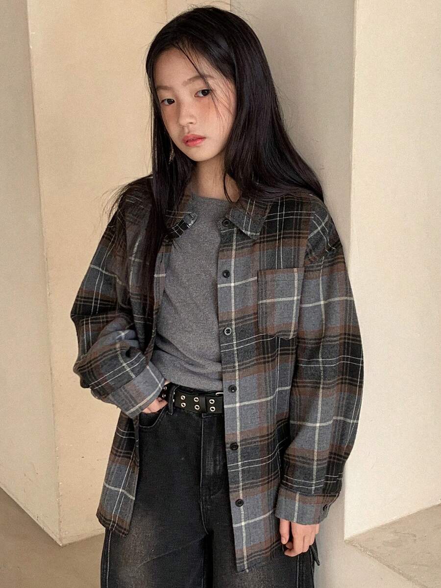 Dazy Kids Tween Girls Plaid Woven Shirt - Grey - View 1