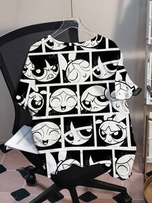 THE POWERPUFF GIRLS X SHEIN Plus Size Summer Casual Letter And Cartoon Pattern Round Neck Short Sleeve T-Shirt Suitable For Going Out - White - View 2