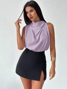 Firerie 女士优雅时尚新款通勤办公日常度假音乐节不对称褶皱杏色衬衫，春夏款 - 紫羅蘭色 - 查看 6