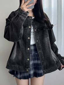 FRIFUL 女士休闲水洗牛仔外套，荷叶边下摆，秋季款 - 黑色 - 查看 5