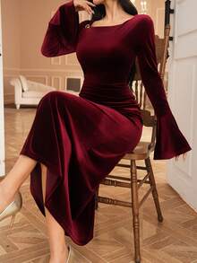 DAZY Đầm dự tiệc tay loe màu trơn thanh lịch dành cho nữ đón Giáng sinh năm mới - Màu Đỏ Sâu - Xem 8