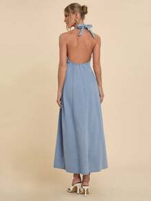 COSMINA Denim 女士V领A字牛仔连衣裙，优雅休闲连衣裙，适合工作、日常穿着、机场穿搭，露背牛仔连衣裙 - 藍色 - 查看 2