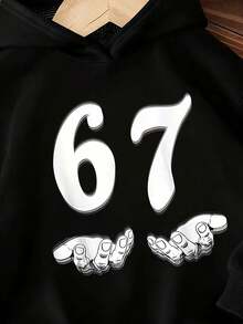 SHEIN Teen Boy Casual Minimalist "67" Graphic Long Sleeve Sweatshirt, Street Style With Number 67 Print, Comfortable Casual For Outings And Sports, Autumn/Winter - Black - View 3