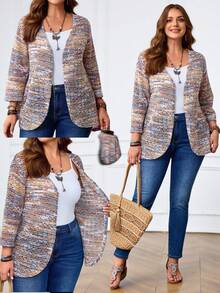 Miaspire Plus Size Vacation Casual Colorful Floral Mesh Pointelle Knit Open Front 3/4 Sleeve Fitted Cropped Coat For Women, Suitable For Early Autumn Knitted Coat For  Country Concert Boho ,Spring - Multicolor - View 3