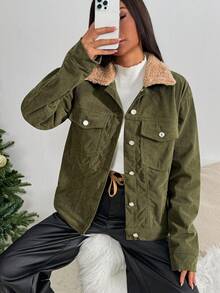 Rivivi Women's Casual Versatile Y2K Retro Corduroy Thermal Lined Thickened Regular Jacket - Green - View 1