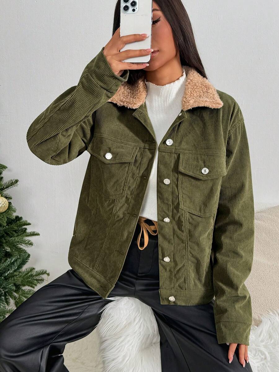 Rivivi Women's Casual Versatile Y2K Retro Corduroy Thermal Lined Thickened Regular Jacket - Green - View 1