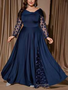 SHEIN Clasi Đầm dài tay thanh lịch phối lưới, kiểu dáng sang trọng, cỡ lớn, thích hợp dự tiệc Giáng sinh, trang phục dự tiệc, trang phục dự tiệc Giáng sinh. - màu đen - Xem 3